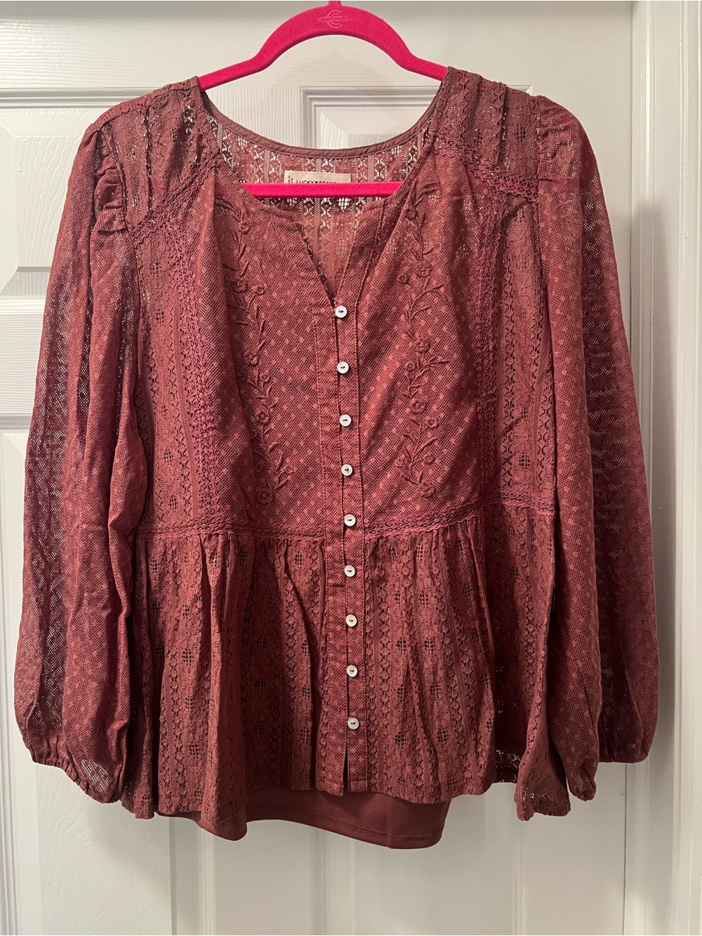 Lucky Brand Rust Lace Button-Front Peasant Blouse